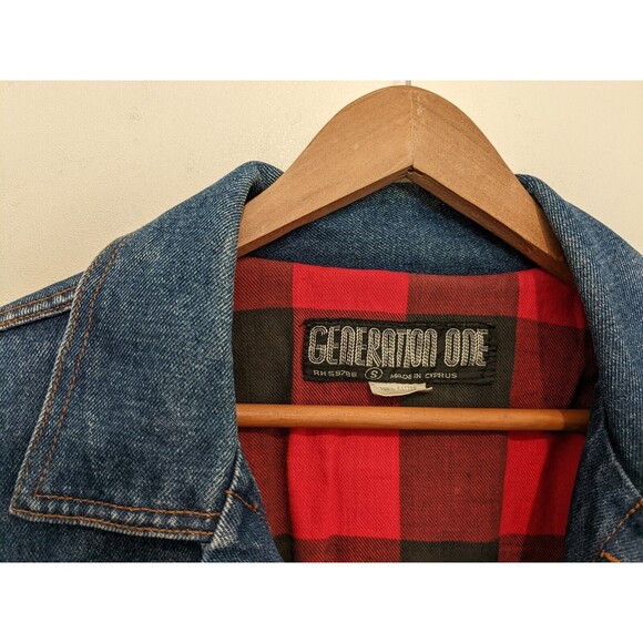 Mens S Vintage 80s Denim Jean Jacket Red Buffalo Plaid Lined Generation One - Picture 2 of 3